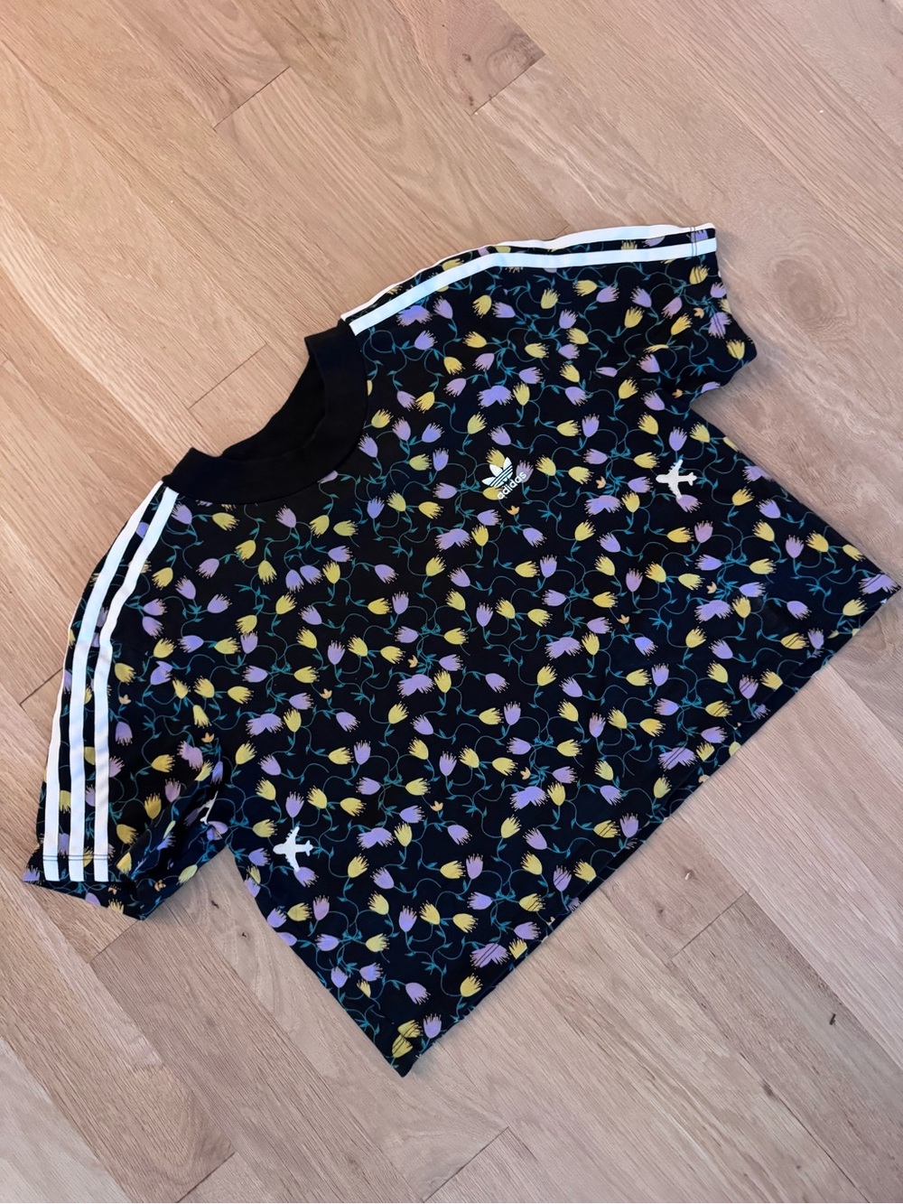 Women’s Adidas Black Floral Cropped Tee with White Stripes